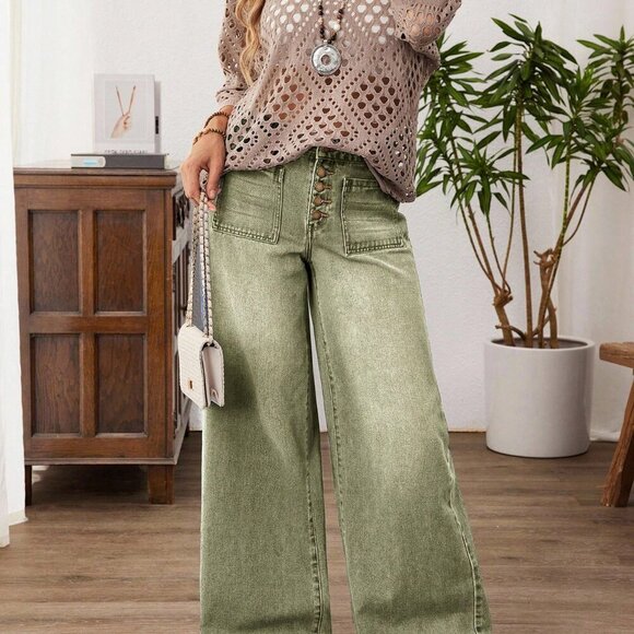 Army Green Casual Women's Wide Leg Patchwork Loose Jeans - Picture 6 of 7